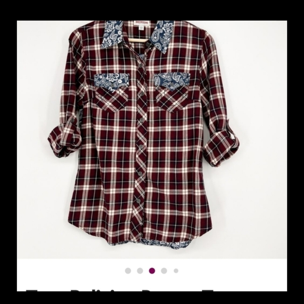 True Religion Burgundy Plaid Button Down Shirt Women Small
